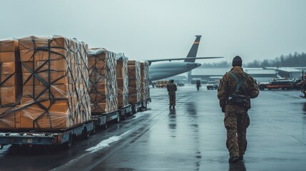 Freight planes on the apron at an airport are loading goods for air transportation. Ground handlers are handling goods to ensure timely delivery
