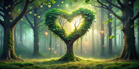 A heart-shaped tree stands tall in a lush forest, bathed in sunlight and surrounded by glowing hearts, symbolizing love and nature's embrace.