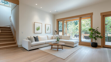 Fototapeta premium A bright and airy living room featuring modern white sectional sofa, round coffee table, and large windows that invite natural light. decor includes plant themed artwork and cozy rug, creating welcomi