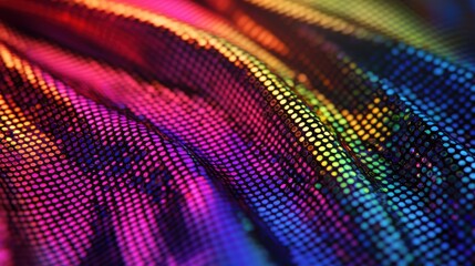 Obraz premium A vibrant, close-up view of textured fabric displaying a mesmerizing array of colors and patterns, creating a dynamic visual effect.