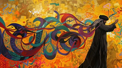 Abstract Arabic calligraphy painting with a figure in the foreground.