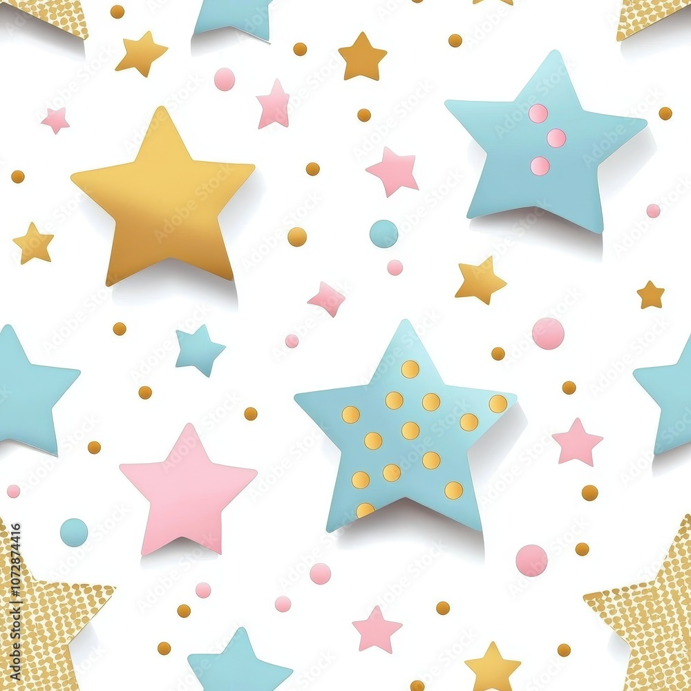 Poster colorful star pattern with pastel and metallic elements on white background for fun and playful desi