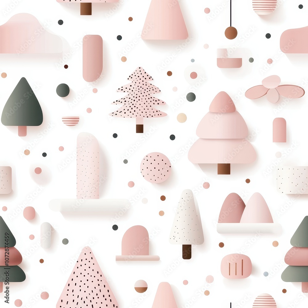 Poster abstract geometric forest pattern design featuring soft pastel shapes and minimalist trees on white 