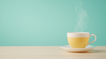 A steaming cup of tea on a simple wooden table against a mint green background, exuding warmth and relaxation.