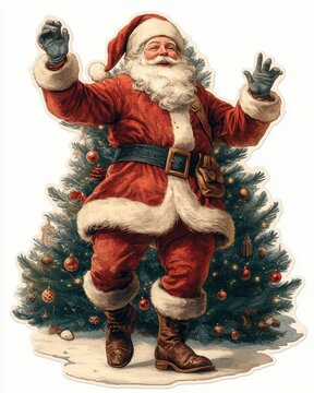 A sticker of Santa Claus moonwalking in front of a Christmas tree, isolated on white background 