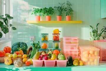 A kitchen counter with fresh fruits and vegetables organized in containers.