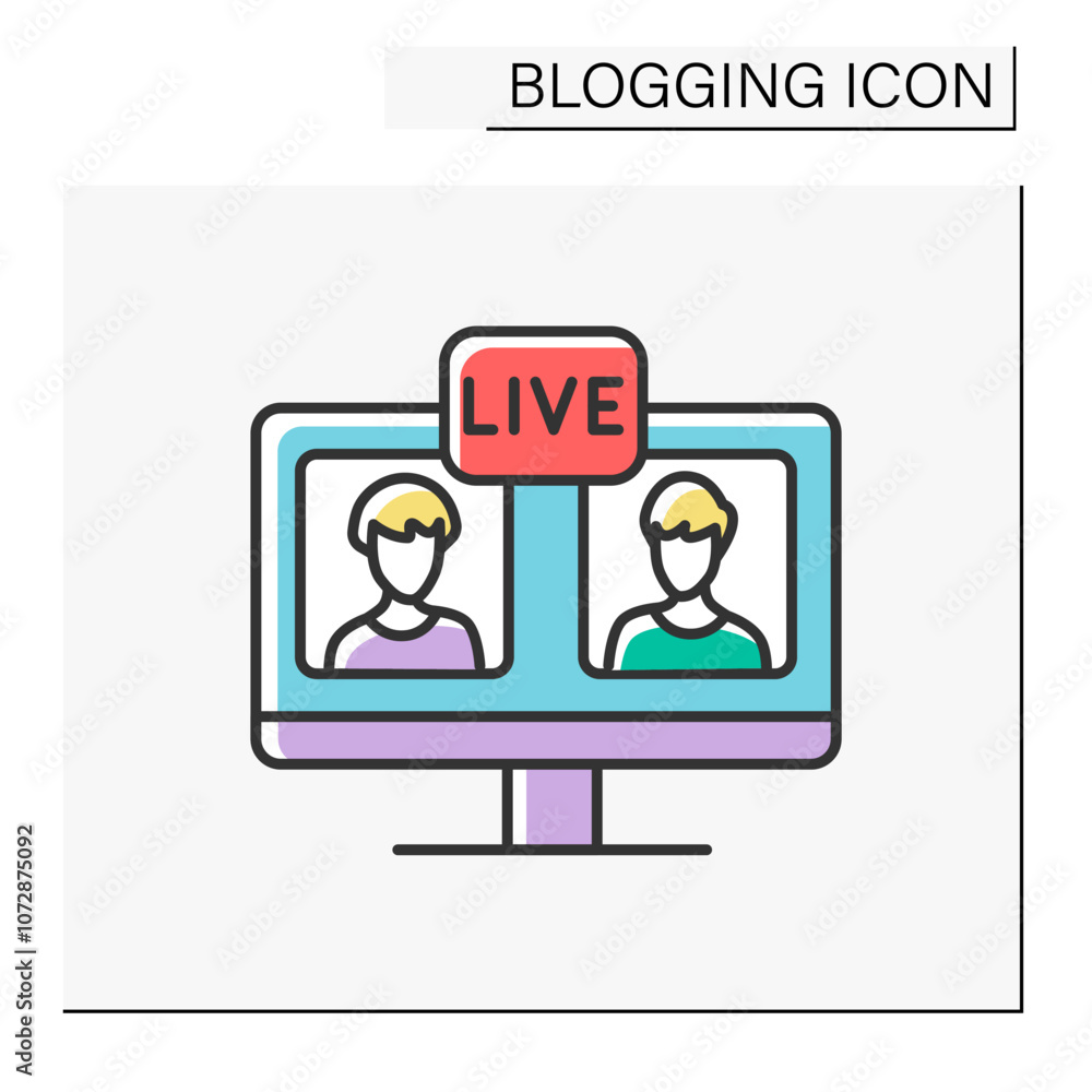 Aufkleber computer color icon. live video stream on computer screen between two bloggers. online conference, m