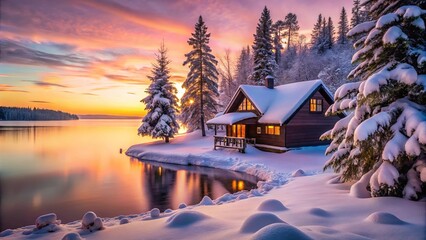 Fototapeta premium A tranquil cabin nestled amidst snowy pines, reflecting the warm hues of a vibrant sunset over a still, serene lake.