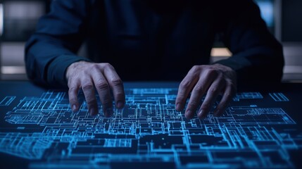 A person interacts with a glowing, digital interface displaying complex circuitry and information in a futuristic setting.
