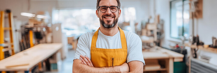 smiling man in workshop wearing an apron, showcasing confidence and pride in his craft. background features tools and wooden furniture, emphasizing creative environment