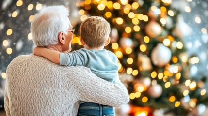 A heartwarming scene of grandfather holding his grandson, both admiring beautifully decorated Christmas tree. soft glow of lights creates cozy atmosphere, evoking feelings of love and family togethern