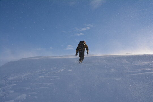 雪の蔵王山を登る登山者