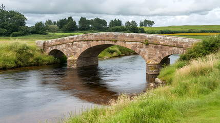 A stone arch bridge spans a river with green fields and trees in the background under a cloudy sky.