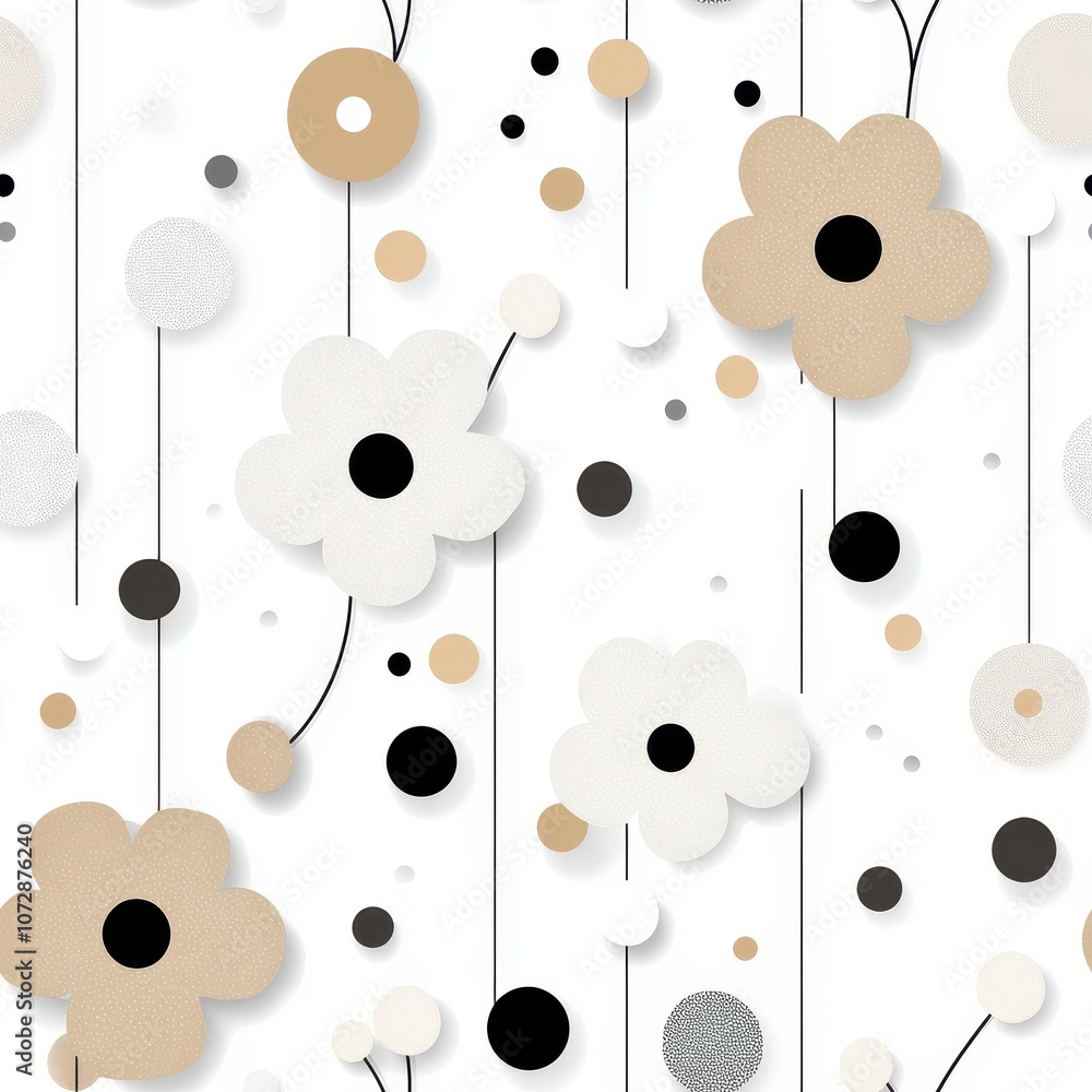 Poster elegant floral pattern with minimalist design featuring soft flowers and circles in muted colors for