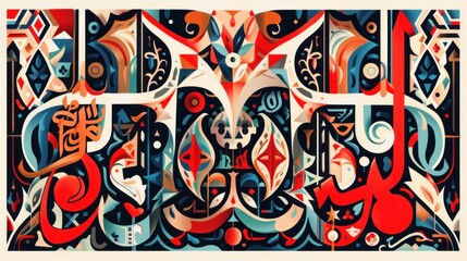 Abstract art with geometric shapes and patterns in red, blue, and white.