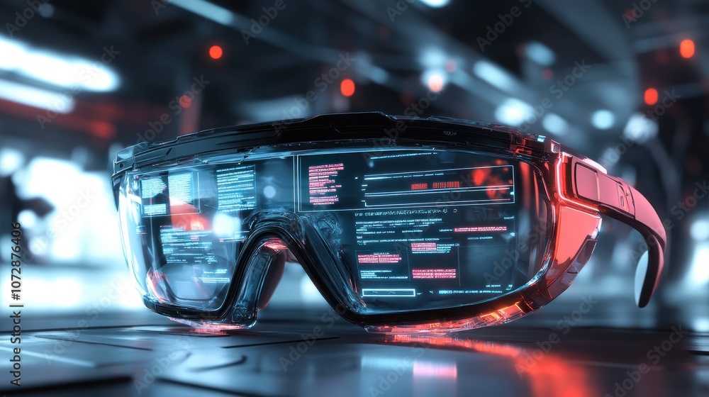Poster Futuristic augmented reality glasses with a glowing red screen displaying information in a futuristic city setting.