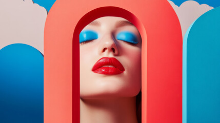 A striking portrait featuring woman with bold blue eyeshadow and vibrant red lips, framed by colorful geometric shapes. composition evokes sense of modern artistry and creativity
