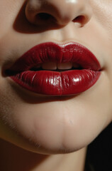 Fototapeta premium Close-Up of Glossy Red Lips with Perfectly Defined Contours