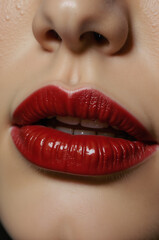 Obraz premium Close-Up of Glossy Red Lips with Natural Makeup