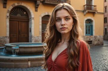 Fototapeta premium Elegant Woman with Long Wavy Hair Posing Near Historic Fountain in Vibrant Urban Setting