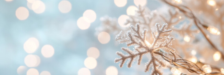 Naklejka premium Delicate snowflakes glisten against backdrop of soft, glowing lights, creating serene winter atmosphere. This enchanting scene captures essence of holiday season