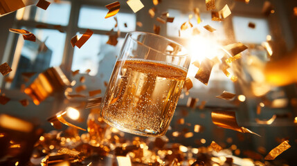 A sparkling drink in glass surrounded by golden confetti creates festive atmosphere, perfect for celebrations and joyful moments. light reflects beautifully, enhancing celebratory vibe