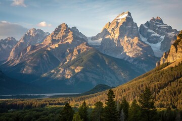 Obraz premium Majestic mountain range with stunning rock formations and sunlit peaks, rock formations, majestic, sunlit, nature, earth features
