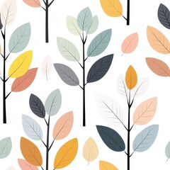 Illustrative pattern of colorful leaves and branches designed in a modern flat style for creative projects, textiles, wallpapers, and digital backgrounds.