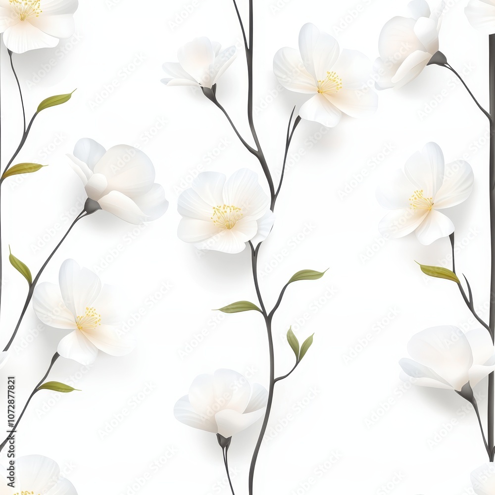 Poster elegant white flower pattern with delicate petals and green leaves creating a serene and calming bac