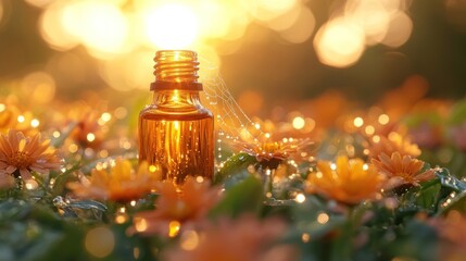 Essential Oil Bottle in a Field of Flowers
