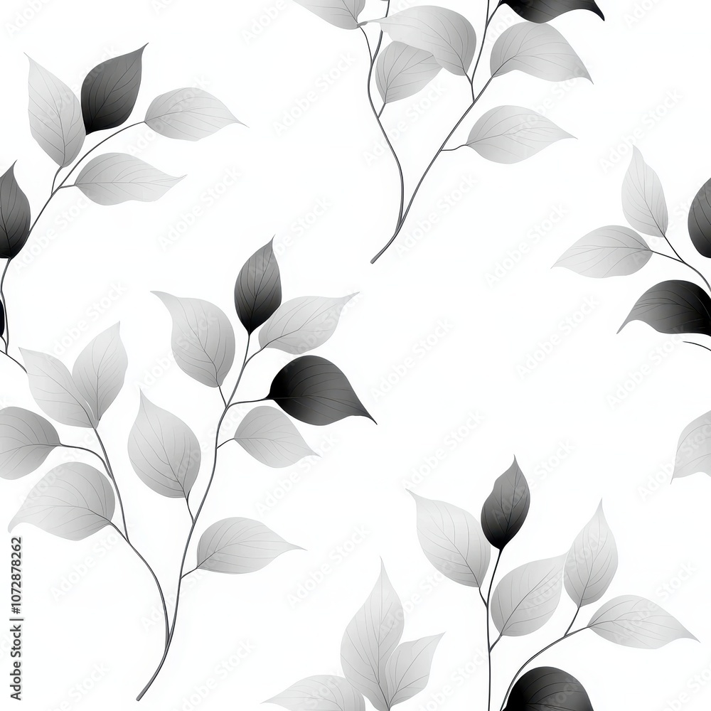 Poster elegant and minimalist botanical pattern featuring subtle black and gray leaves on a soft white back