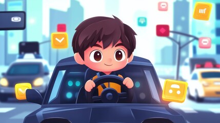 A chibi city driving tester sitting in a car simulator, with a steering wheel in hand and traffic icons floating around. The tester looks focused and ready. White background, no text