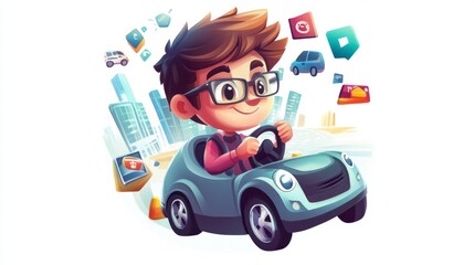 A chibi city driving tester sitting in a car simulator, with a steering wheel in hand and traffic icons floating around. The tester looks focused and ready. White background, no text