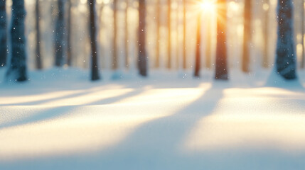 Naklejka premium A serene winter landscape features soft snow blanketing ground, with sunlight filtering through tall trees, creating magical atmosphere. gentle snowfall adds to tranquil scene