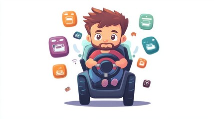 A chibi city driving tester sitting in a car simulator, with a steering wheel in hand and traffic icons floating around. The tester looks focused and ready. White background, no text