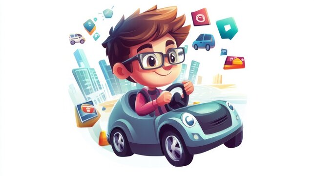 A chibi city driving tester sitting in a car simulator, with a steering wheel in hand and traffic icons floating around. The tester looks focused and ready. White background, no text