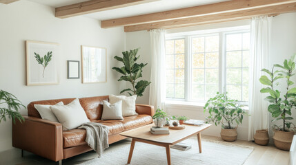 A cozy living room featuring leather sofa, large windows, and various indoor plants creates serene atmosphere. natural light enhances warm tones and inviting decor