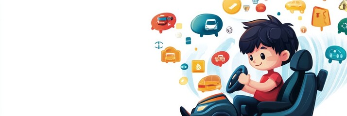 A chibi city driving tester sitting in a car simulator, with a steering wheel in hand and traffic icons floating around. The tester looks focused and ready. White background, no text