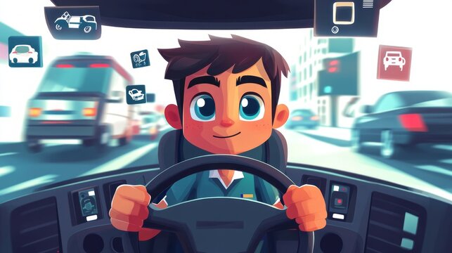 A chibi city driving tester sitting in a car simulator, with a steering wheel in hand and traffic icons floating around. The tester looks focused and ready. White background, no text