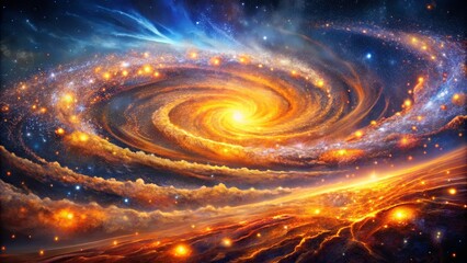 Obraz premium A celestial symphony of swirling stardust and celestial bodies ignited with fiery brilliance, captivating the cosmos with its ethereal beauty.
