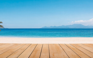 Fototapeta premium Bright tropical beach with clear blue water and wooden deck during a sunny day