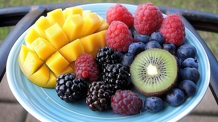 A plate of fresh fruit with mango, raspberries, blackberries, blueberries, and kiwi.