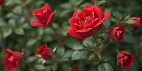 Fototapeta premium Natural fresh red rose flower background with vibrant petals, soft focus, and delicate leaves, vibrant, soft focus