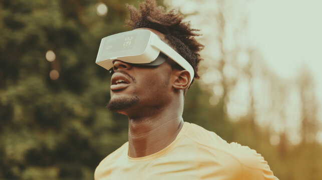 A man wearing virtual reality goggles is running outdoors, immersed in digital experience. vibrant greenery in background enhances sense of adventure and technology