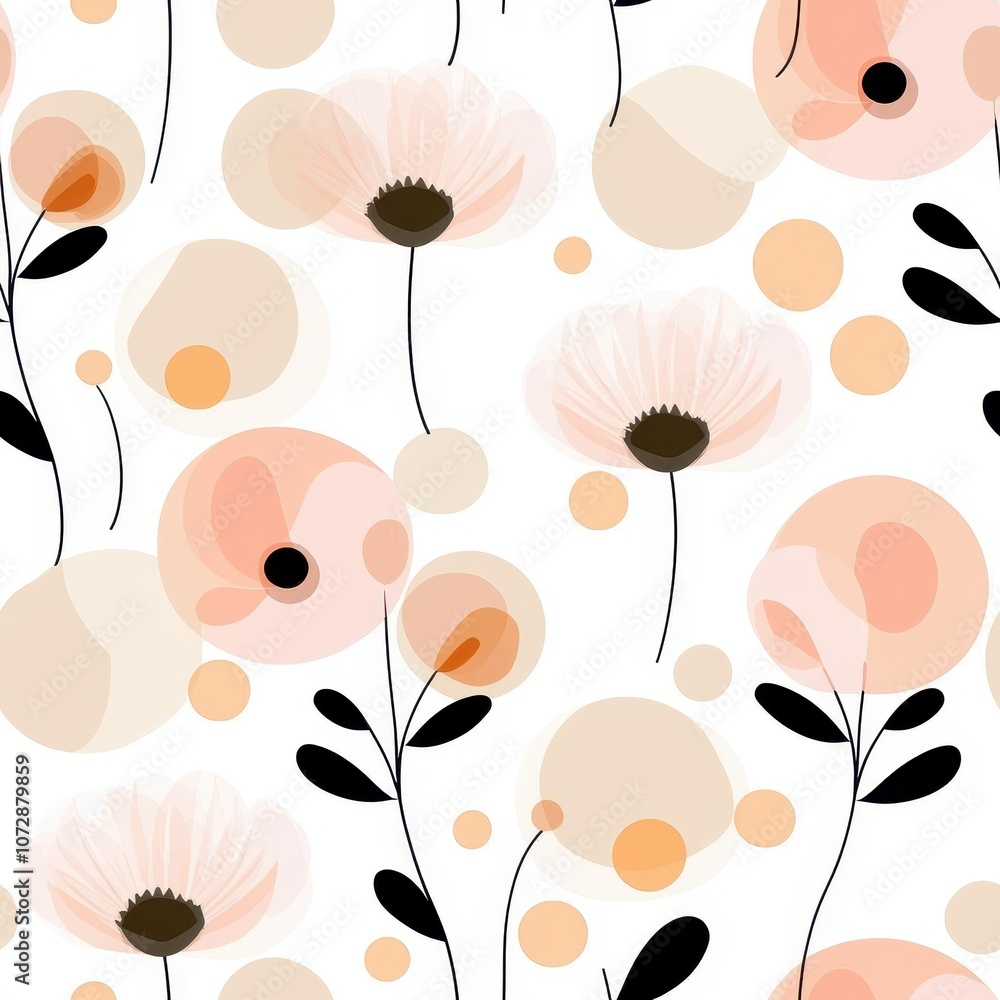 Poster elegant floral pattern featuring soft peach and pink flowers with abstract dots on a light backgroun