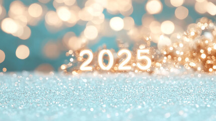 A sparkling background with shimmering lights highlights year 2025, creating festive and celebratory atmosphere perfect for New Years celebrations