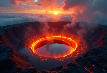 Hyperrealistic Alien Impact Crater: A Mesmerizing Lake of Fire, Flowing Lava Falls, and Intense Heat Captured from a Unique High Vantage Point