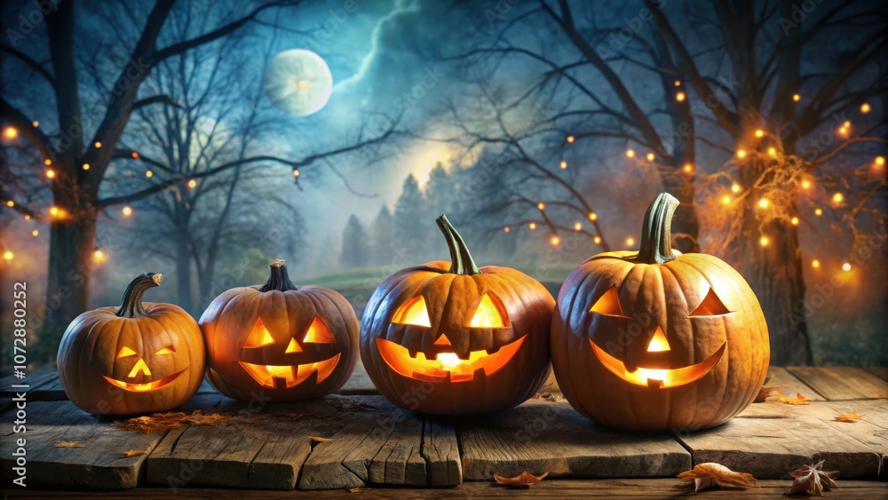 Poster jack-o'-lanterns glowing in the moonlight with a festive atmosphere of halloween lights in a mystica