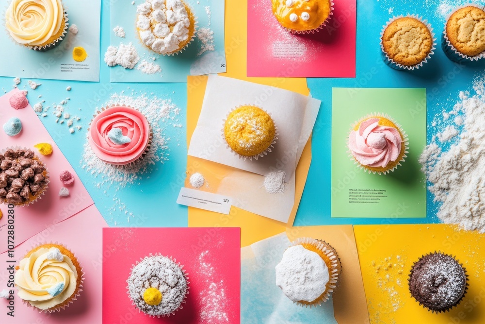 Aufkleber a colorful flat lay of cupcakes with different toppings and colors on colorful paper backgrounds.