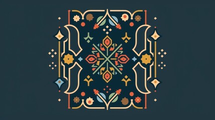 Abstract colorful geometric pattern with flowers on dark background.